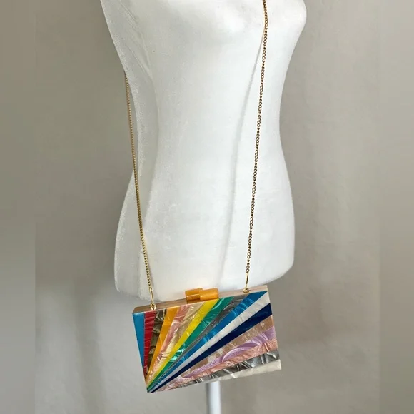 Wood Acrylic Inlay Box Purse Clutch Rainbow Sunburst Design Gold Chain Strap - Picture 2 of 7